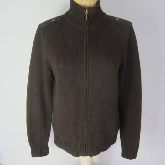Ralph Lauren Women P M Petite Medium Brown Mock Neck 1/4 Zip Cotton Sweater - Picture 1 of 7